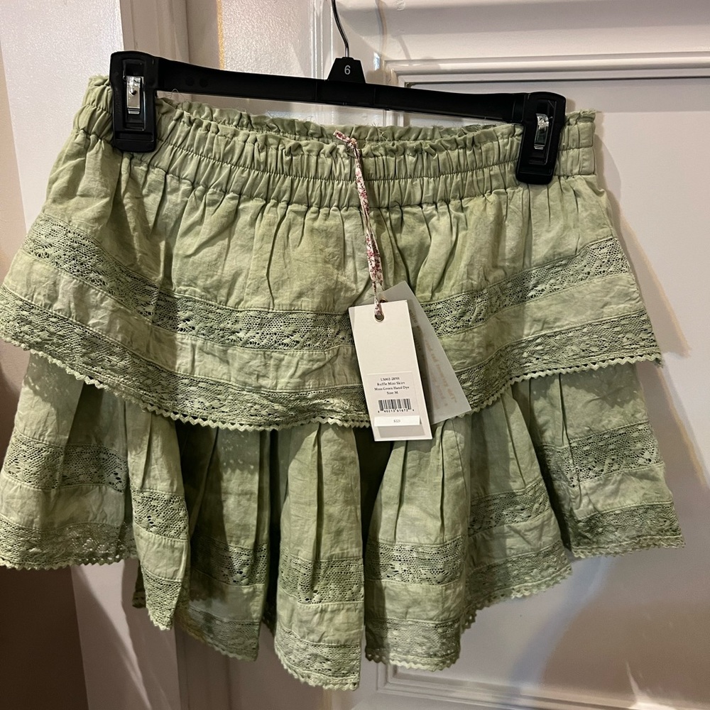 Love Shack Fancy moss green tie dye ruffle mini skirt size medium